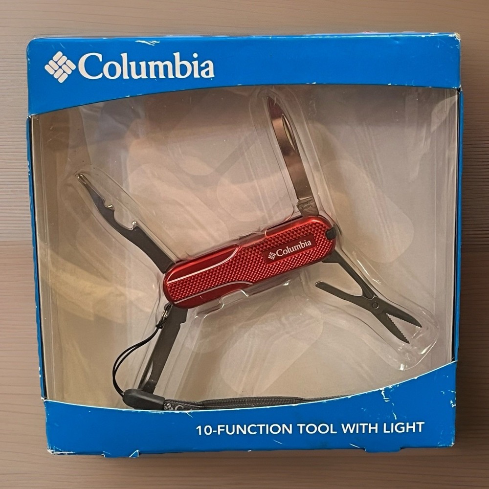 COLUMBIA 10 Function RED Pocket Tool Knife Scissors Strap w/ Light NEW Sealed